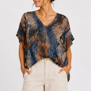 Bryn Walker 100% Silk Snake Print Caftan Blouse Small Blue Brown Sheer Top USA